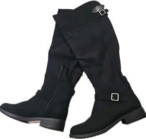 Sun Stone Anyaa Buckled Over-The-Knee Bo Black Micro Boots Size 8.5M NWOB.